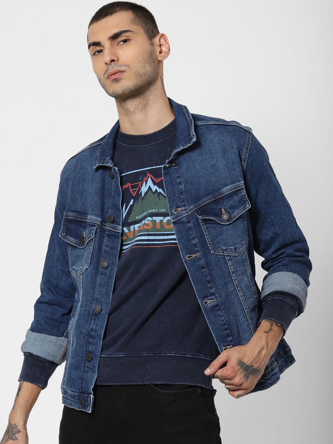 Blue Washed Graphic Print Sweatshirt - S