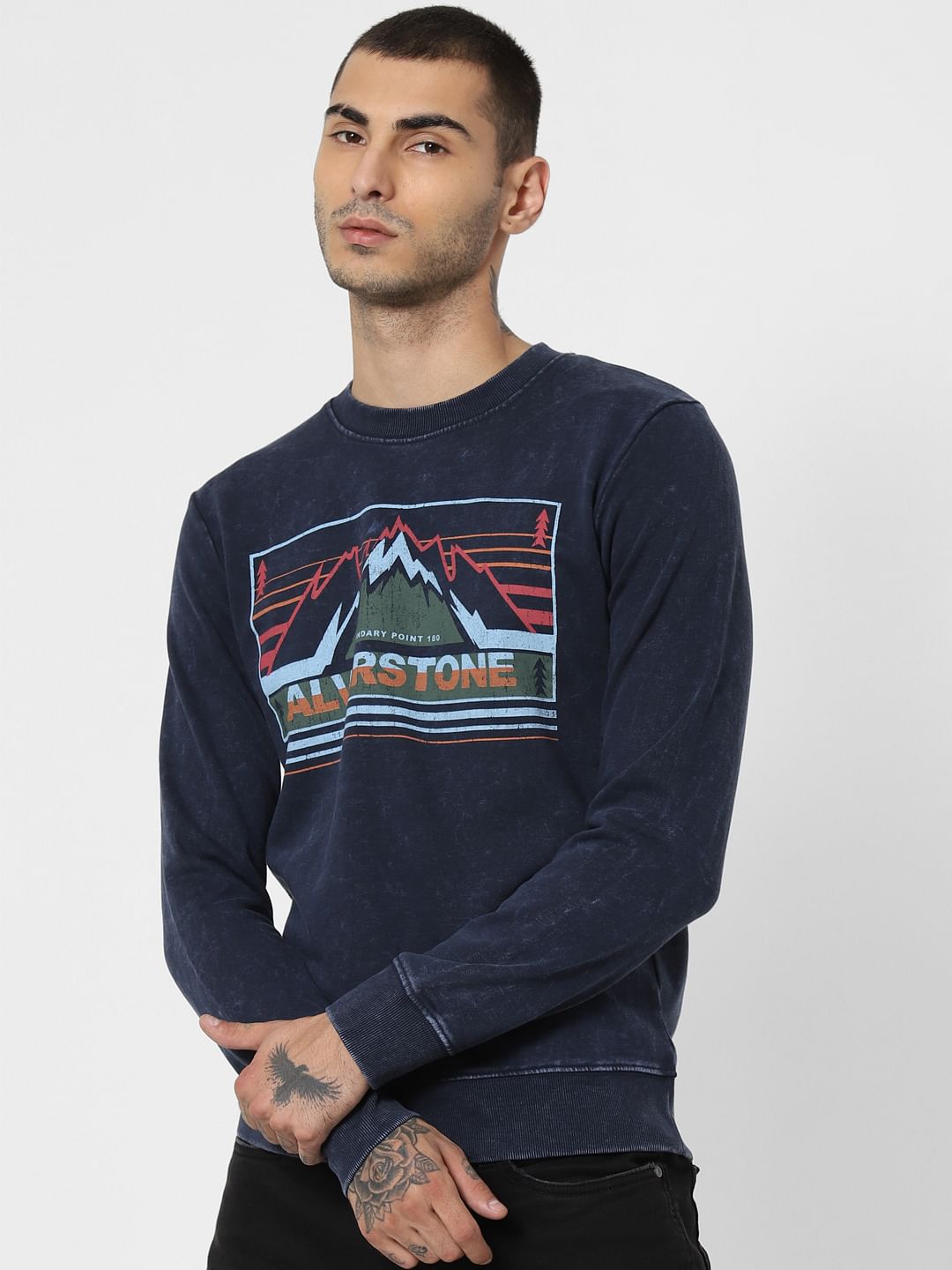 Blue Washed Graphic Print Sweatshirt