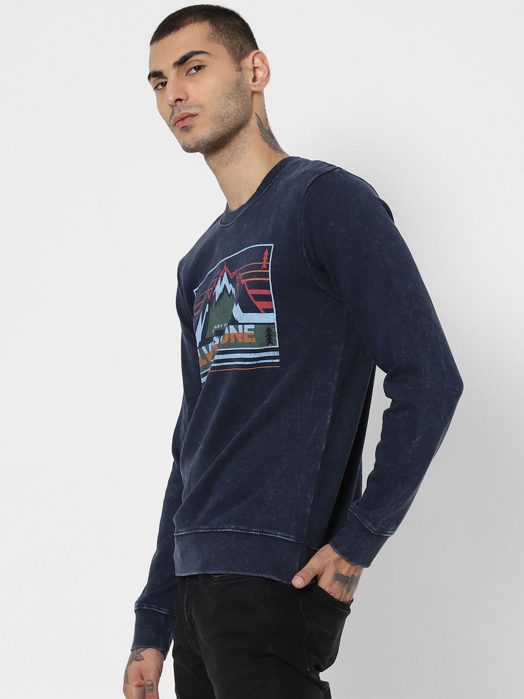 Blue Washed Graphic Print Sweatshirt