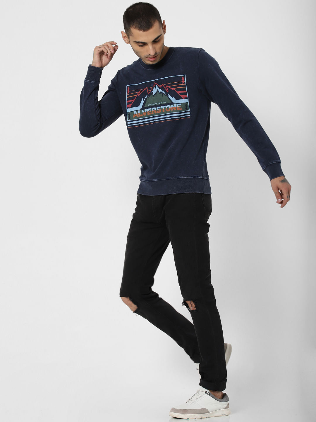 Blue Washed Graphic Print Sweatshirt