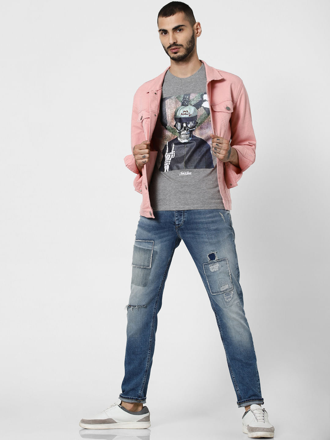 Grey Graphic Print Crew Neck T-Shirt - S