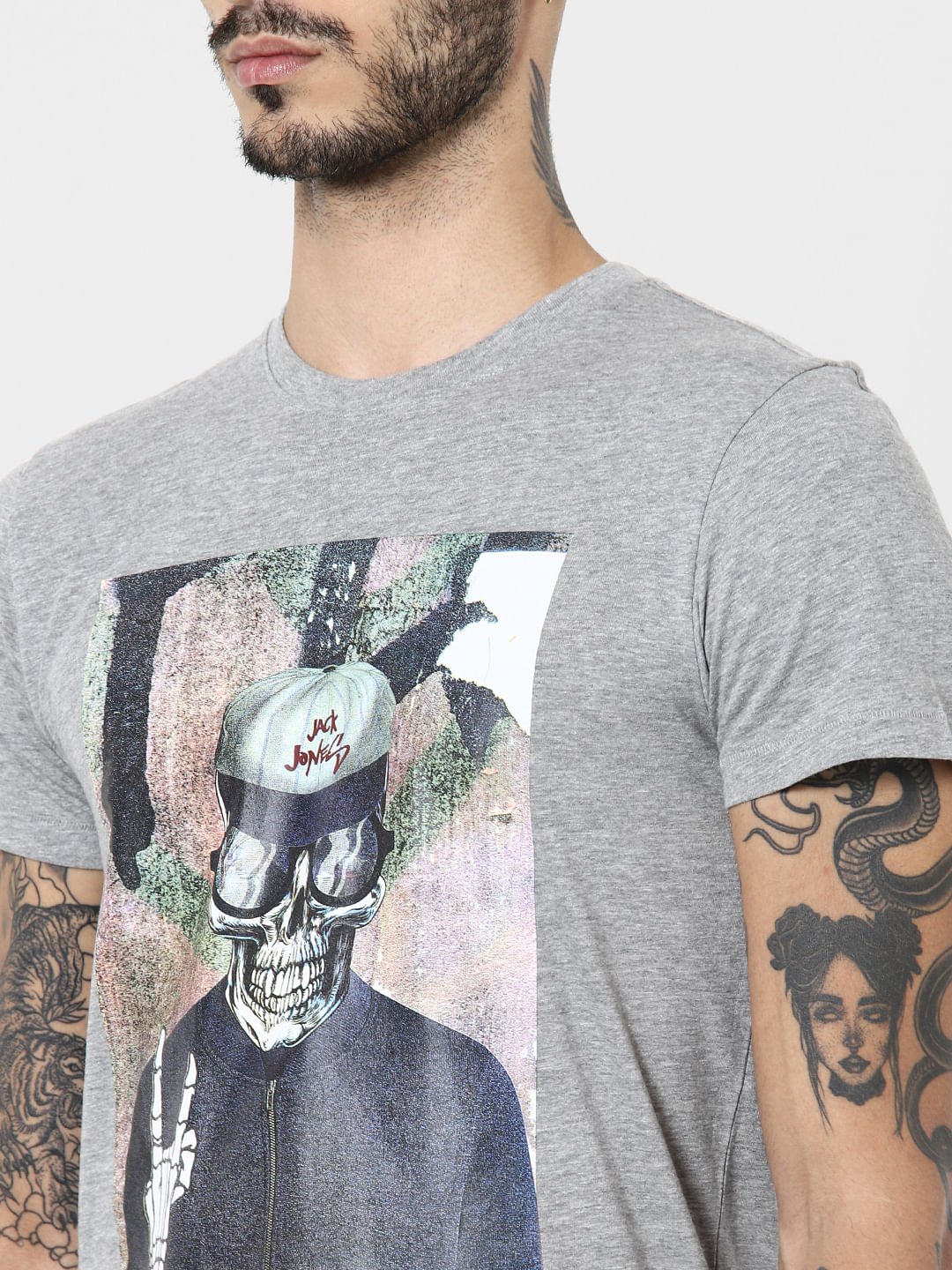Grey Graphic Print Crew Neck T-Shirt