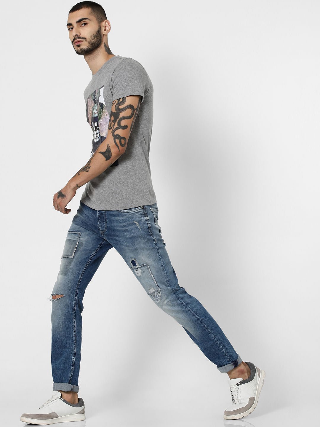 Grey Graphic Print Crew Neck T-Shirt