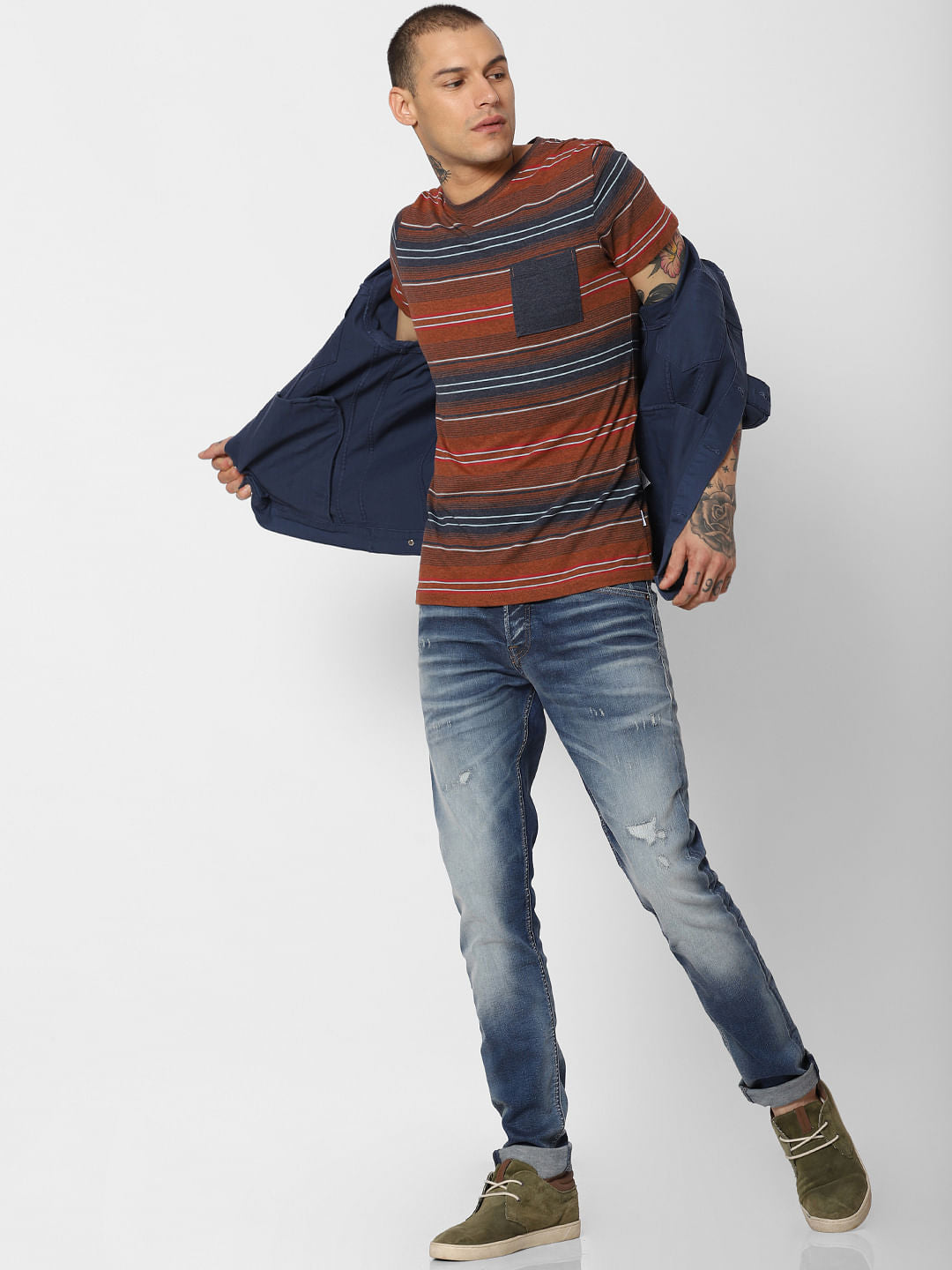 Brown Striped Crew Neck T-Shirt - S