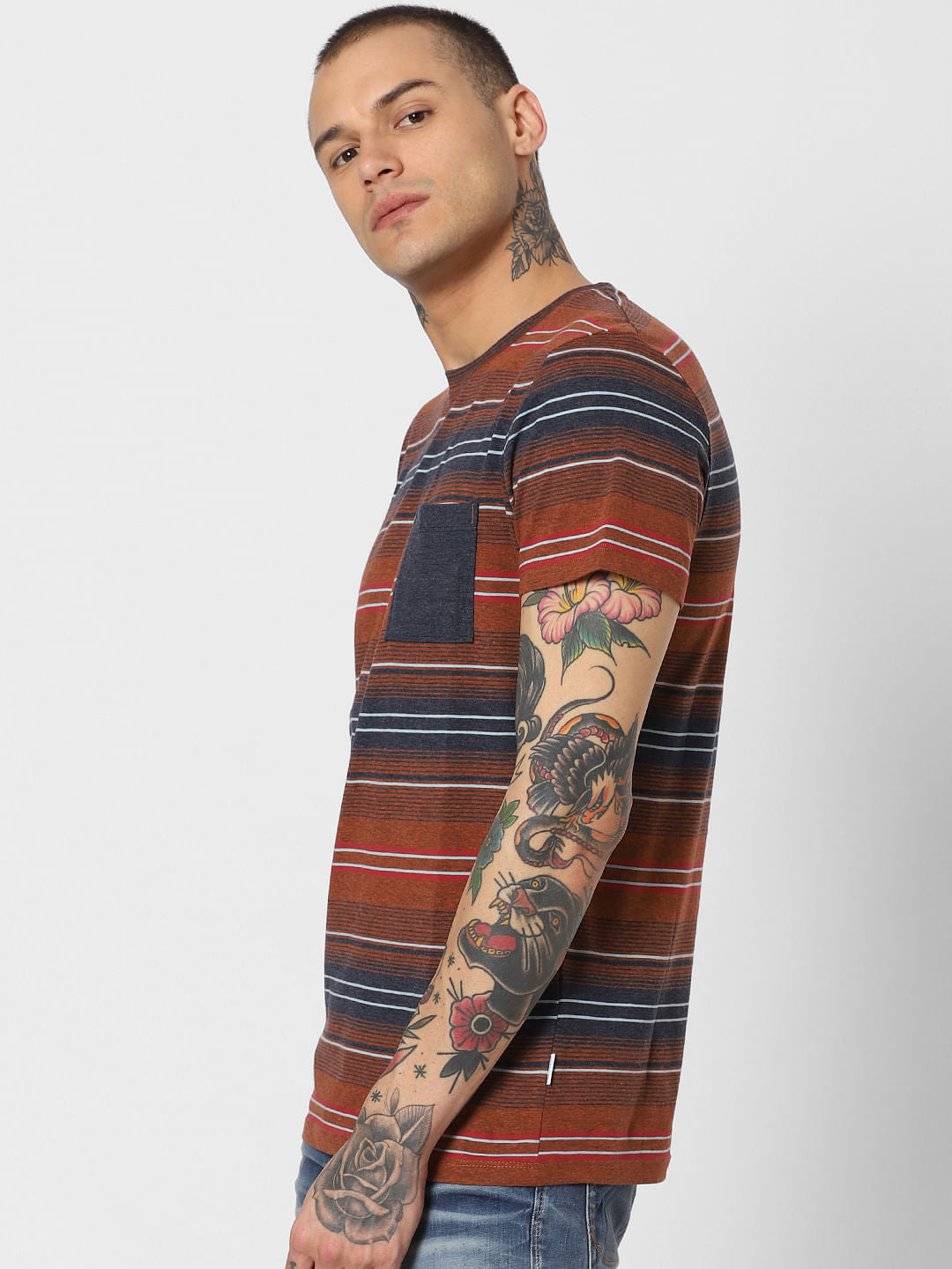 Brown Striped Crew Neck T-Shirt