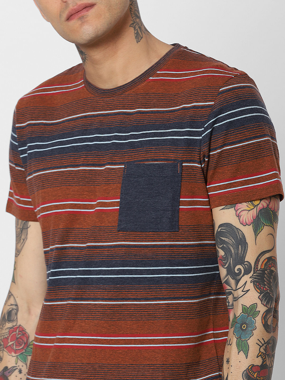 Brown Striped Crew Neck T-Shirt