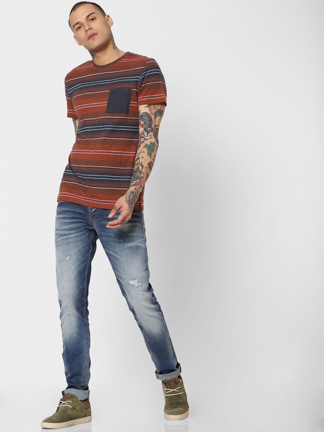 Brown Striped Crew Neck T-Shirt