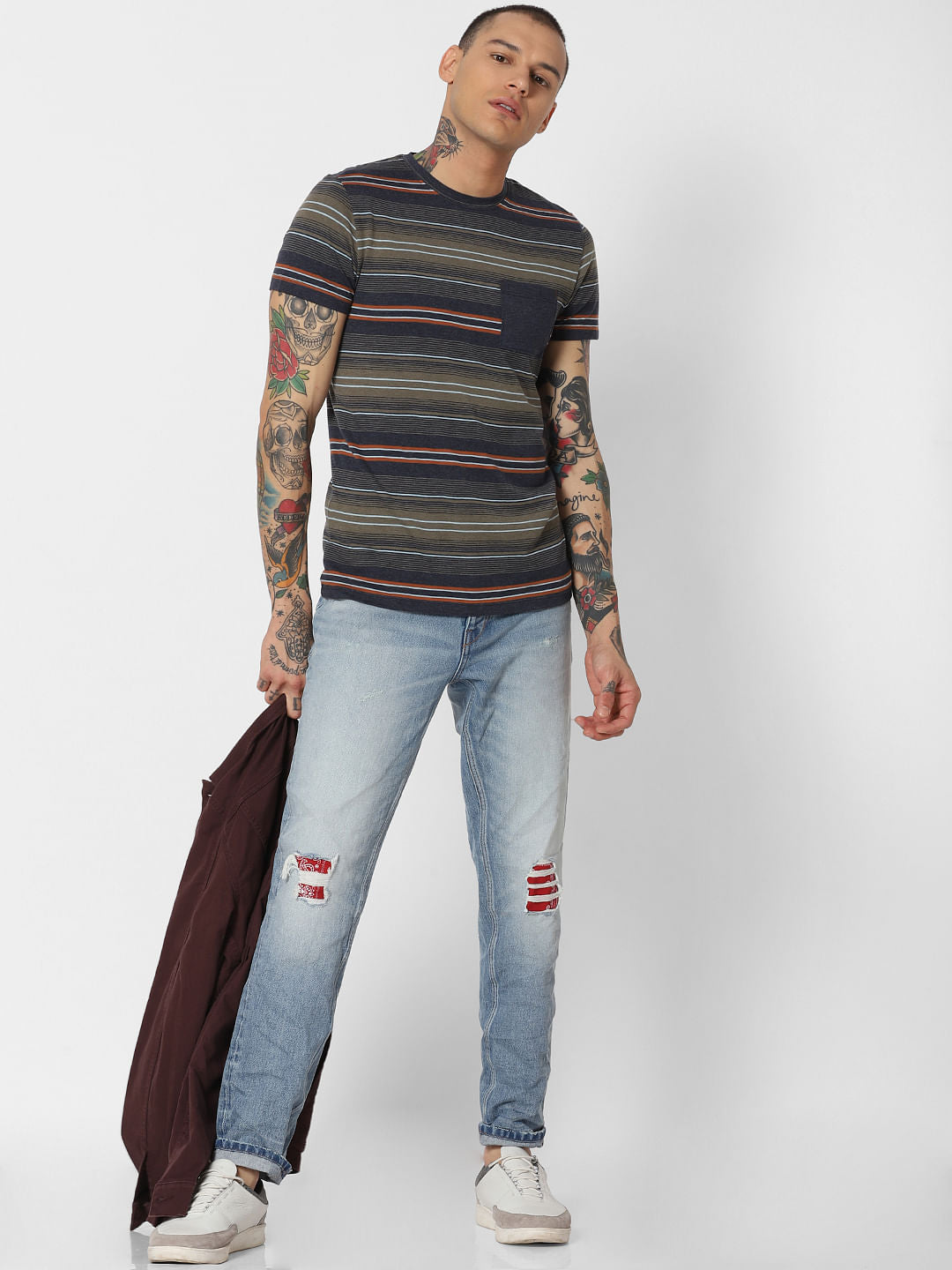 Navy Blue Striped Crew Neck T-Shirt
