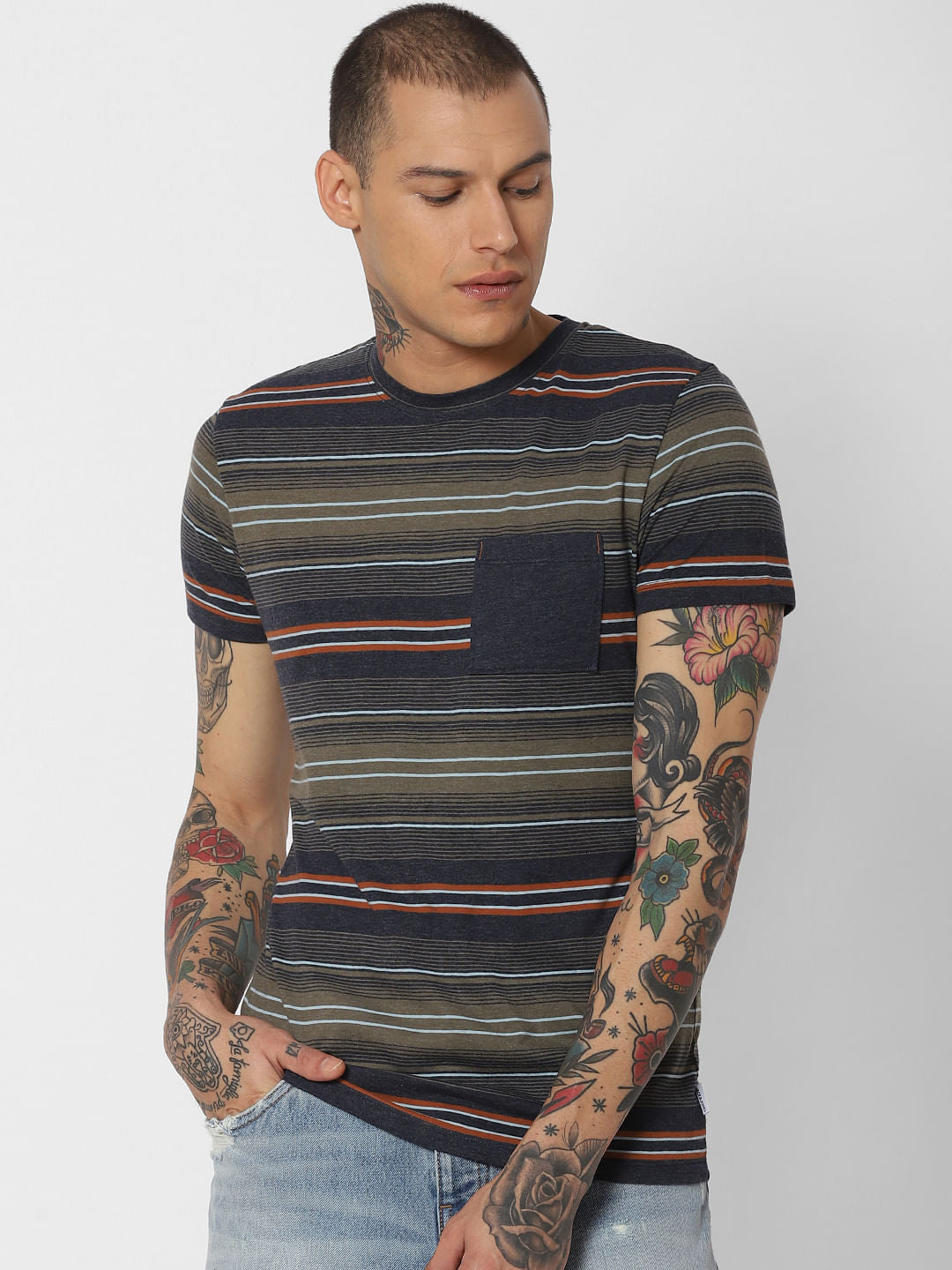 Navy Blue Striped Crew Neck T-Shirt