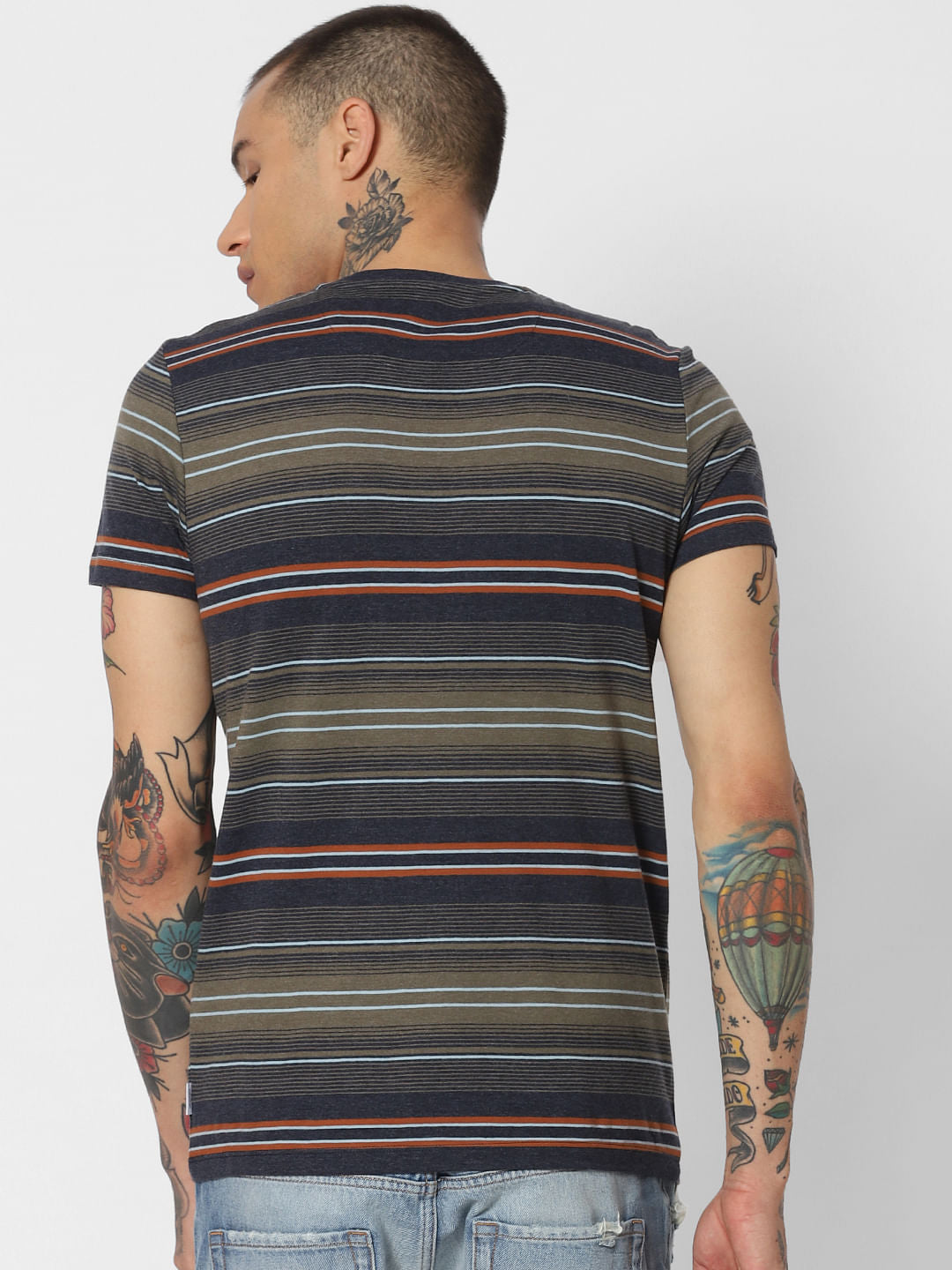 Navy Blue Striped Crew Neck T-Shirt