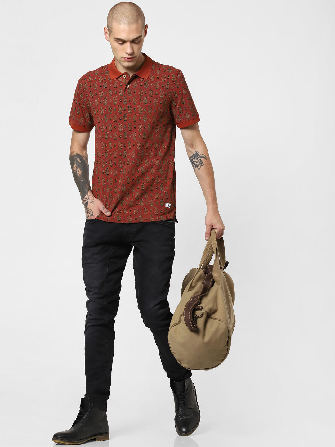 Brick Red All Over Print Polo T-Shirt - S