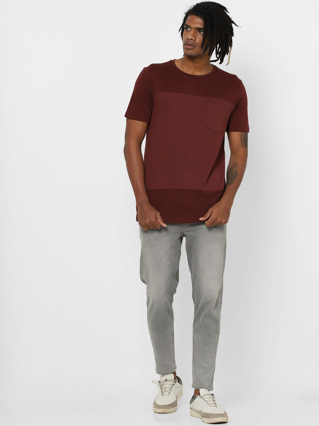Maroon Colourblocked Crew Neck T-Shirt - S