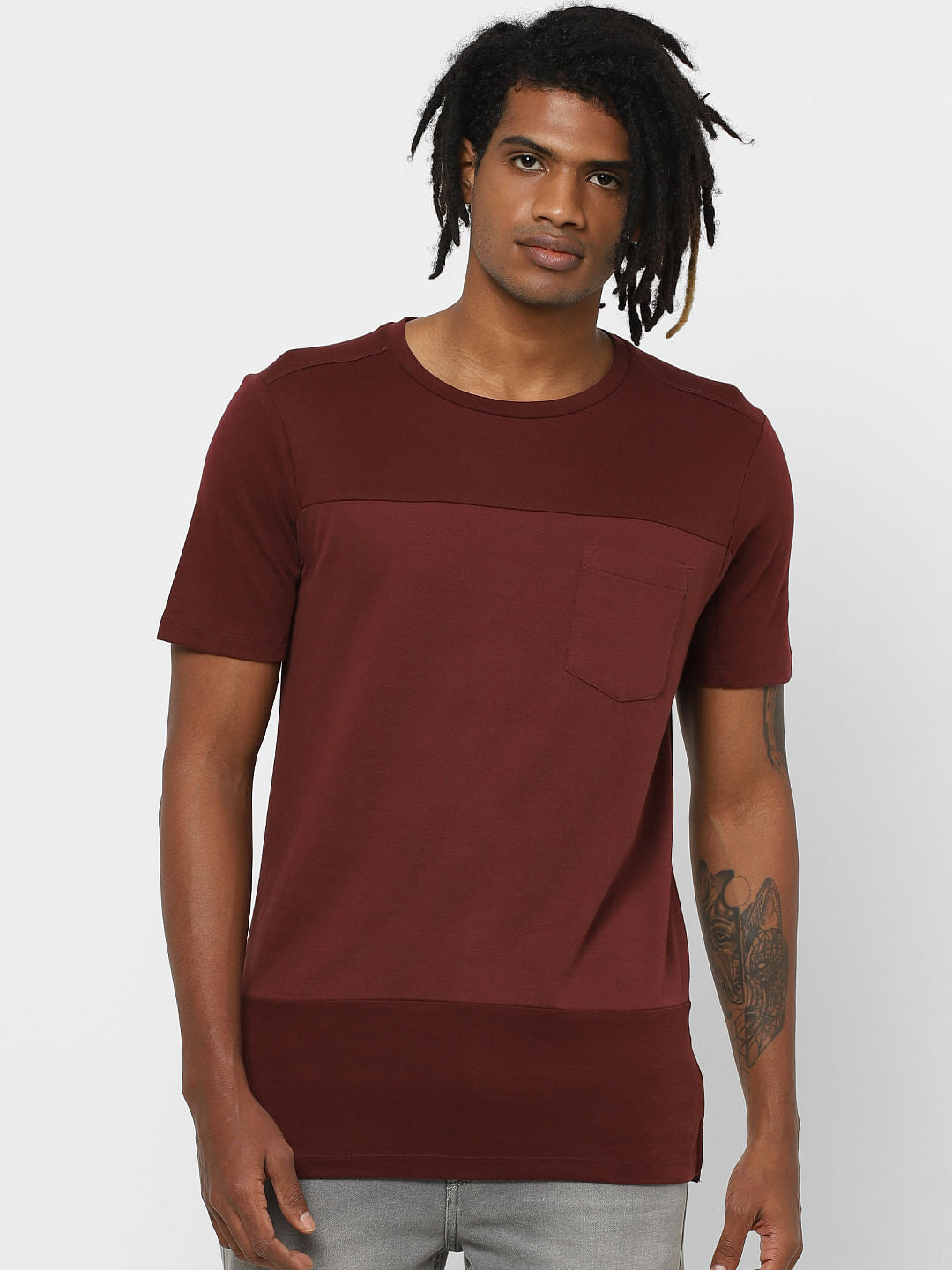Maroon Colourblocked Crew Neck T-Shirt