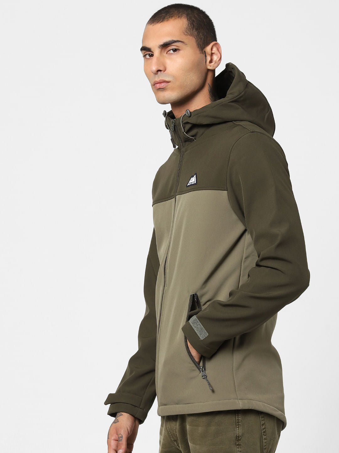 Green Colourblocked Hooded Jacket