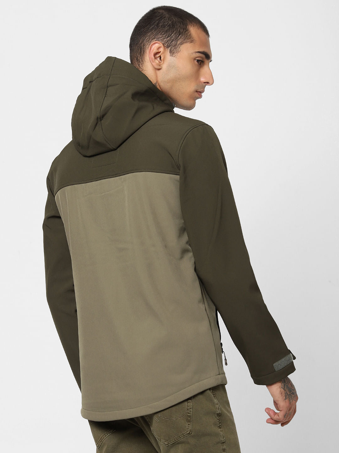 Green Colourblocked Hooded Jacket