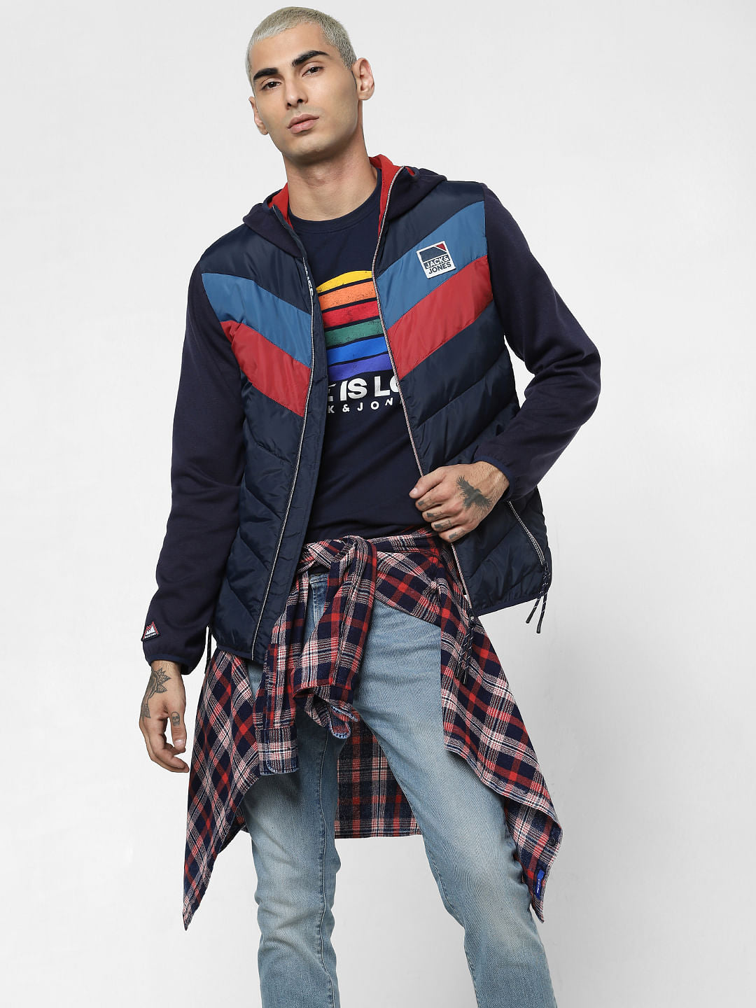 Navy Blue Colourblocked Puffer Jacket - S
