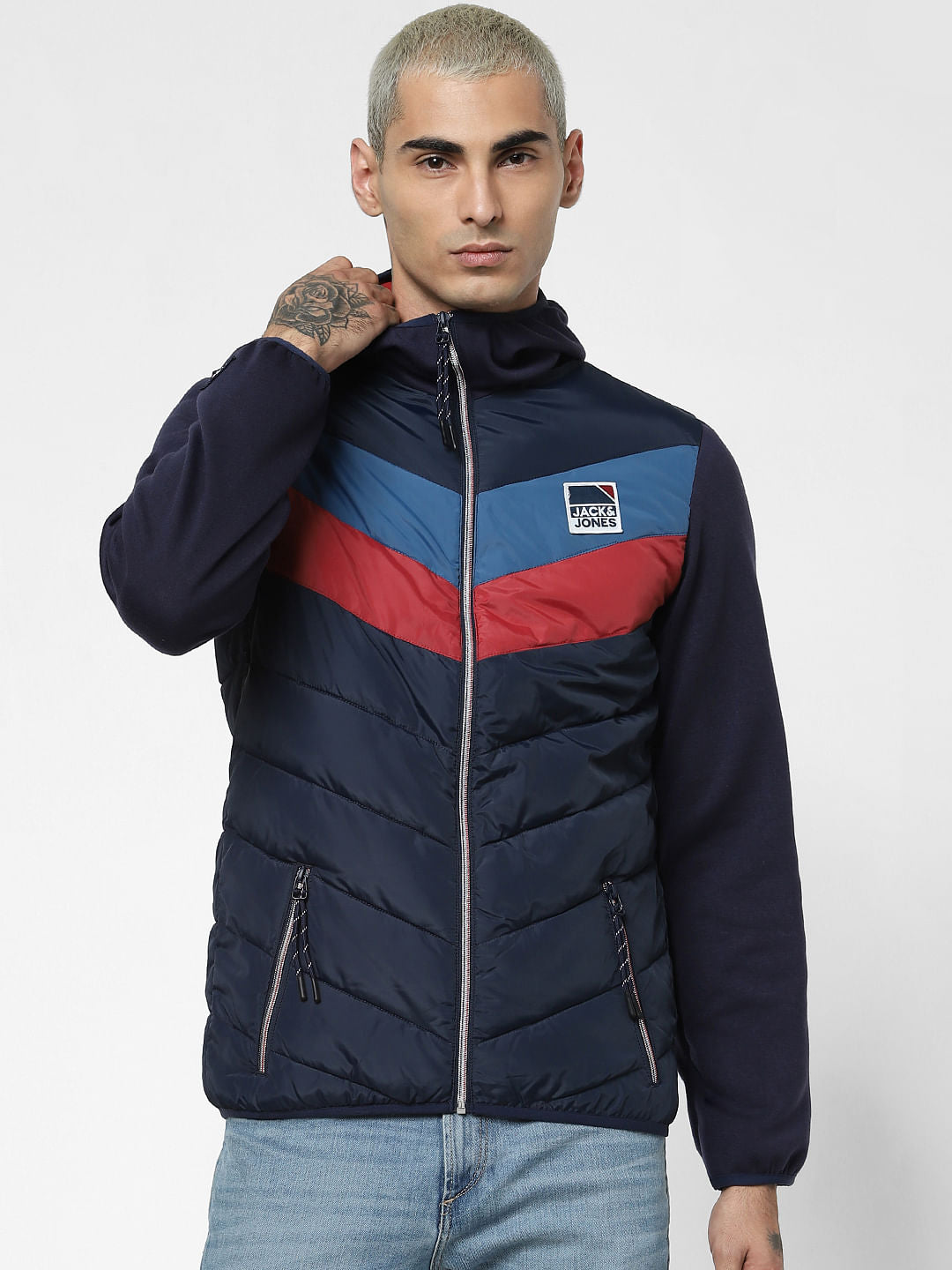 Navy Blue Colourblocked Puffer Jacket