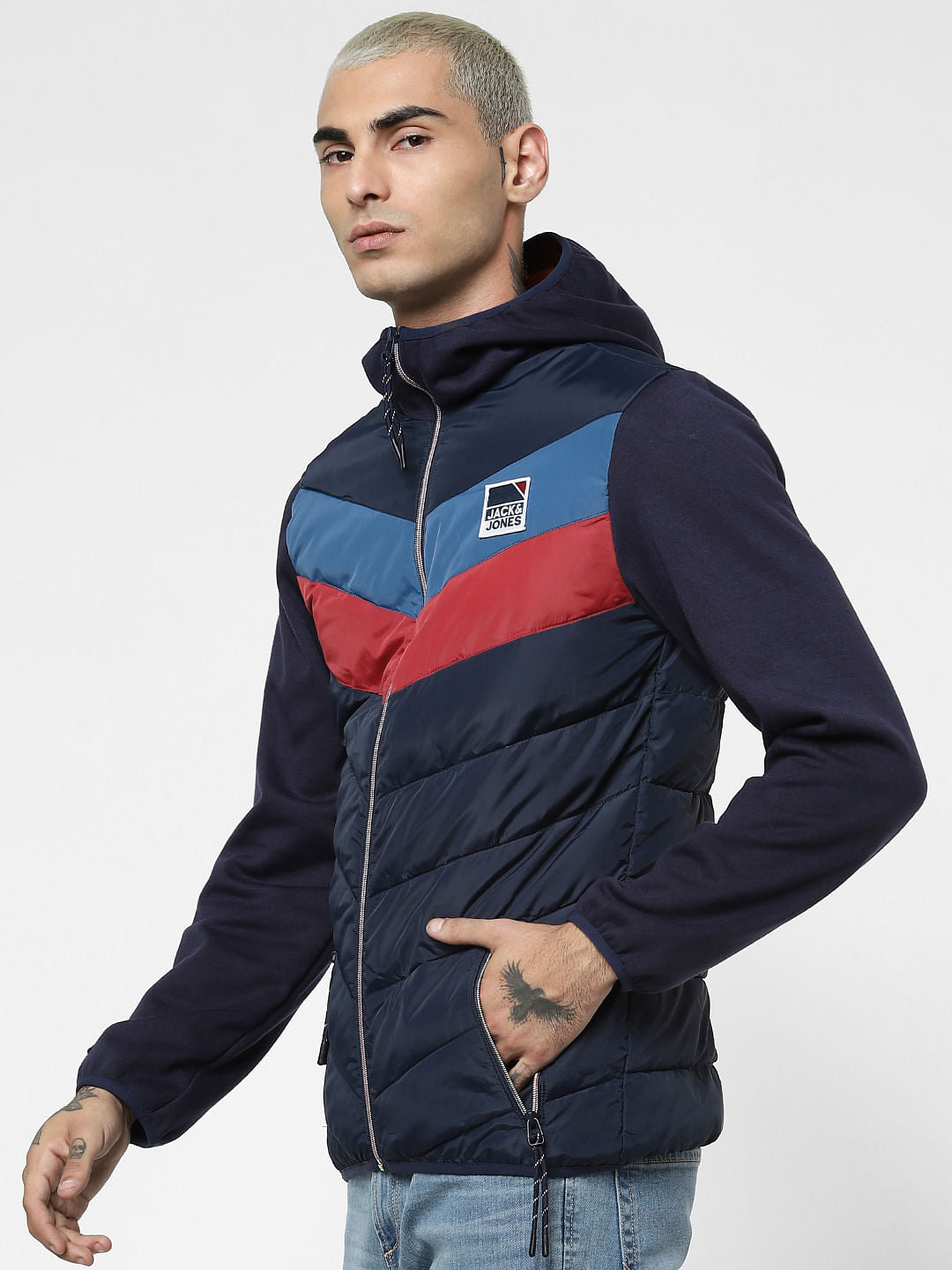 Navy Blue Colourblocked Puffer Jacket