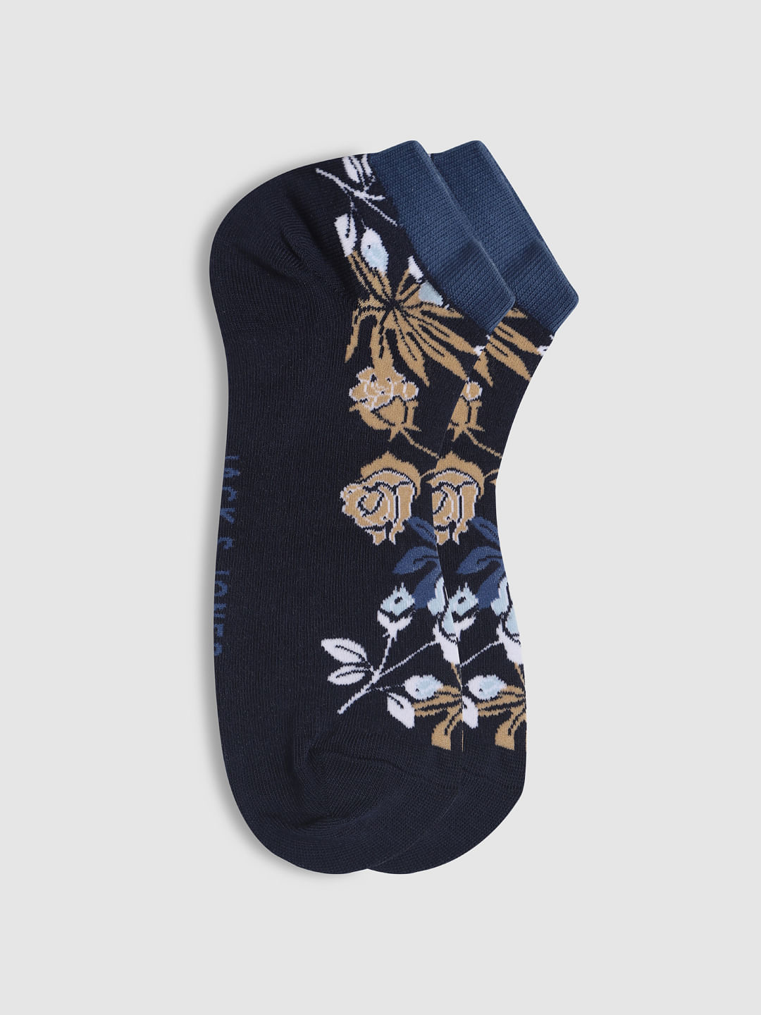 Navy Blue Floral Print No Show Socks - ONE