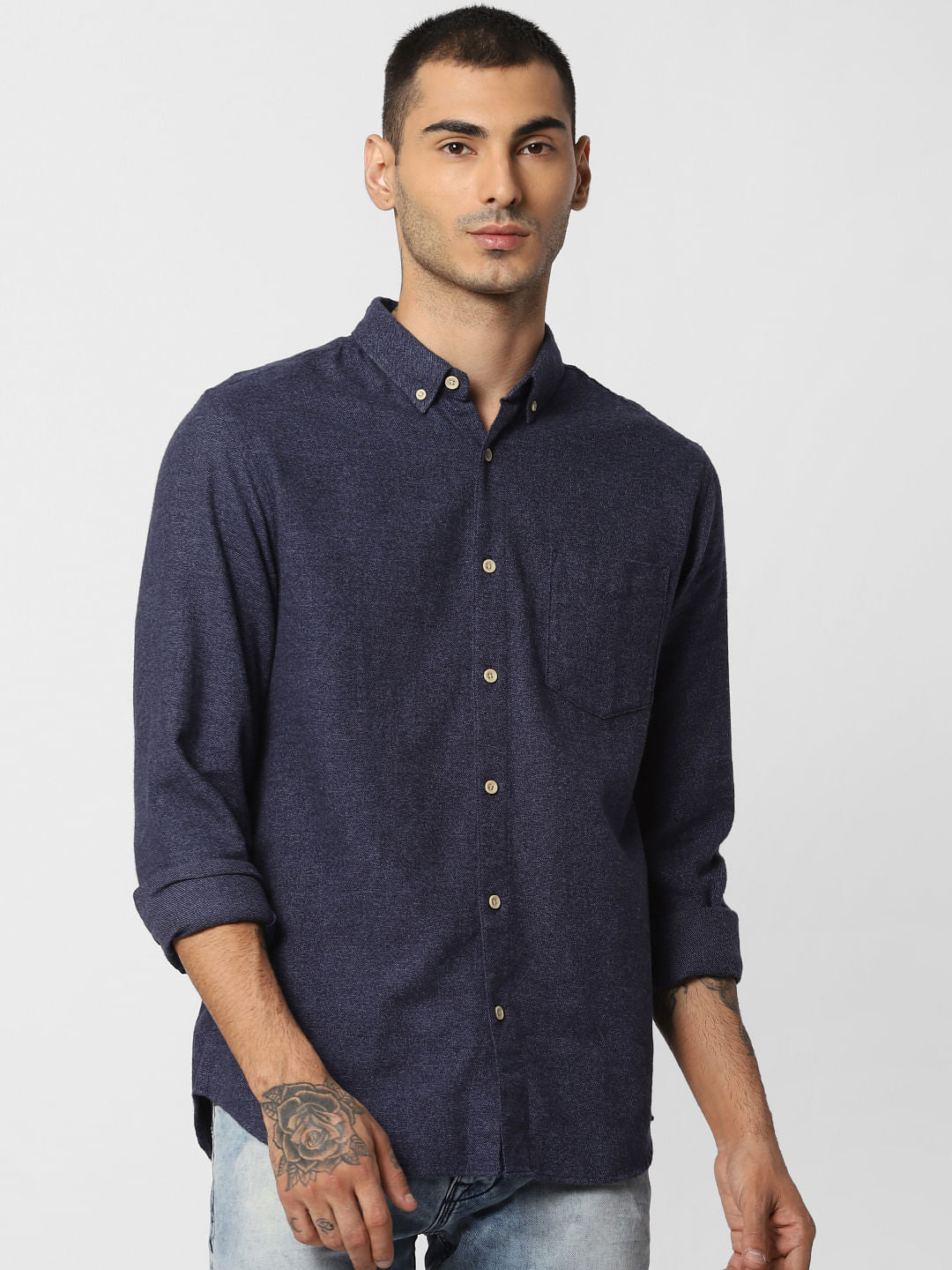 Navy Blue Printed Full Sleeves Shirt