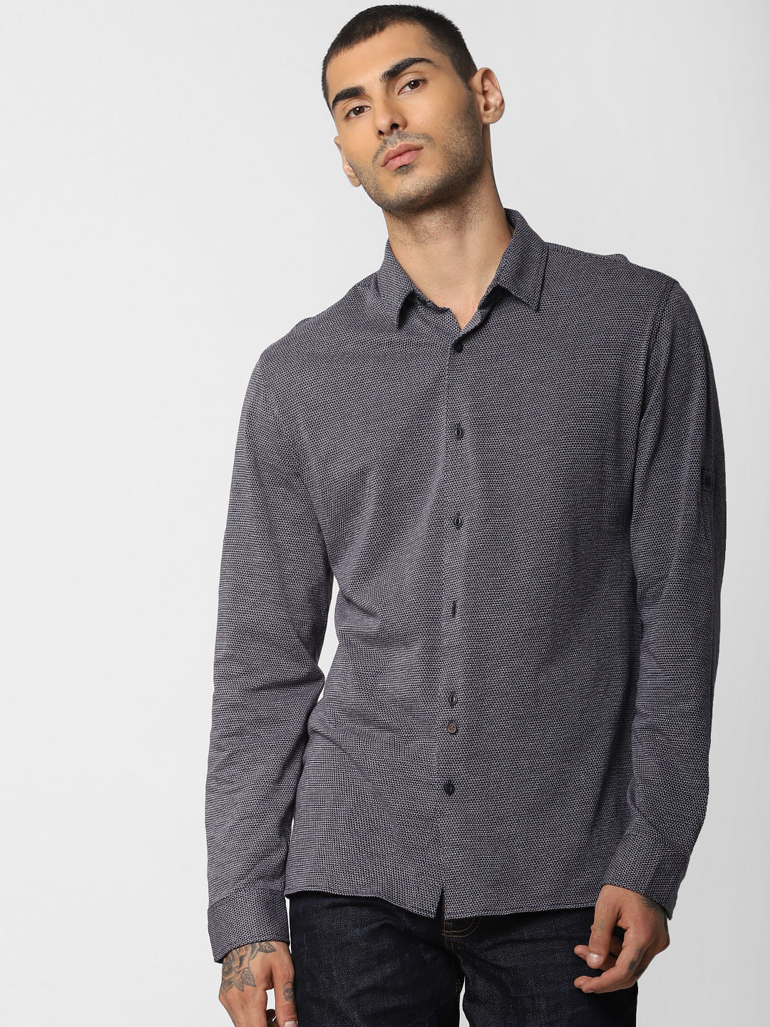 Navy Blue Jacquard Full Sleeves Shirt - S