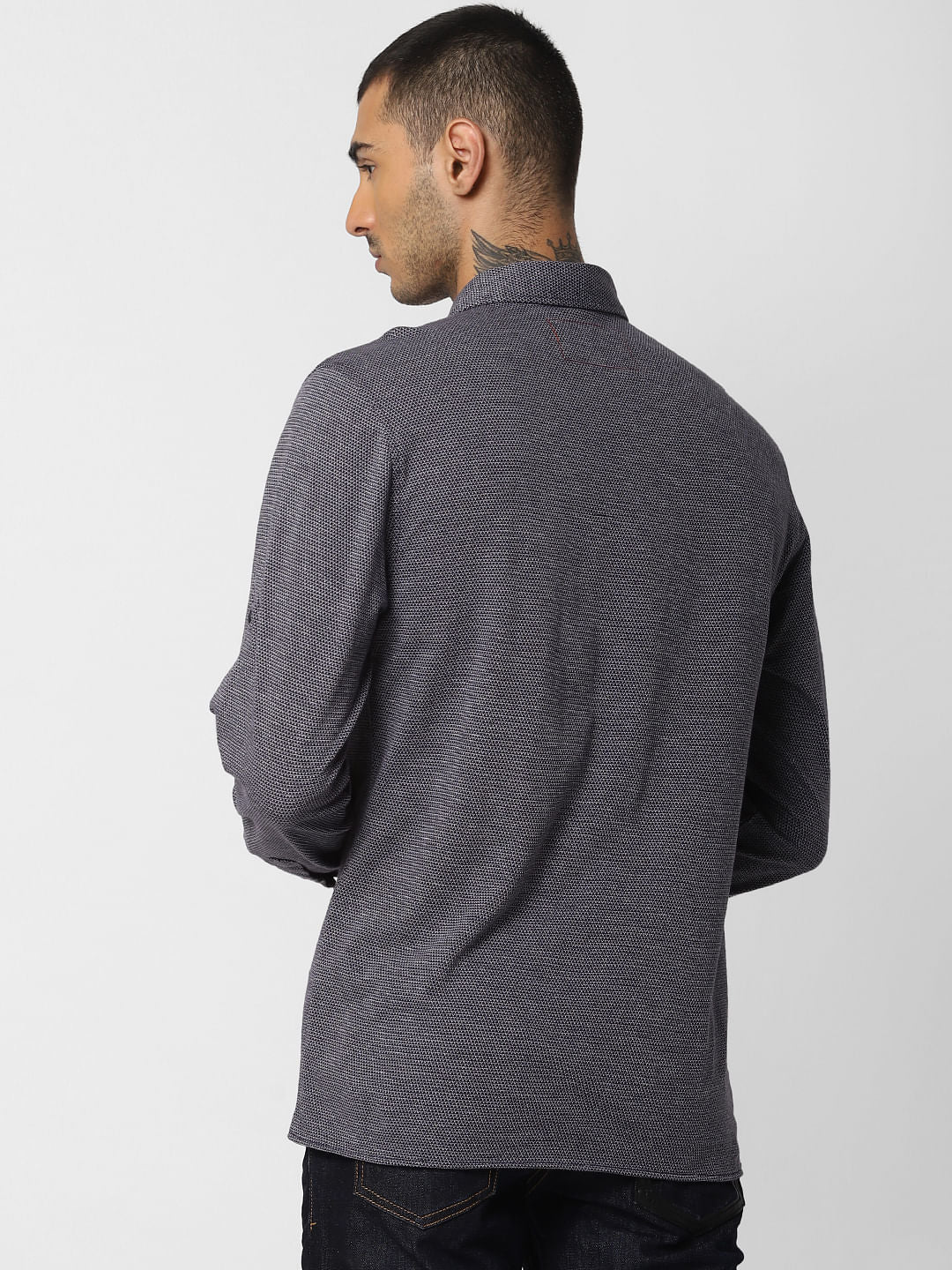 Navy Blue Jacquard Full Sleeves Shirt