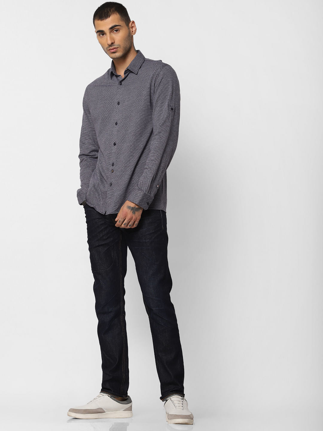 Navy Blue Jacquard Full Sleeves Shirt