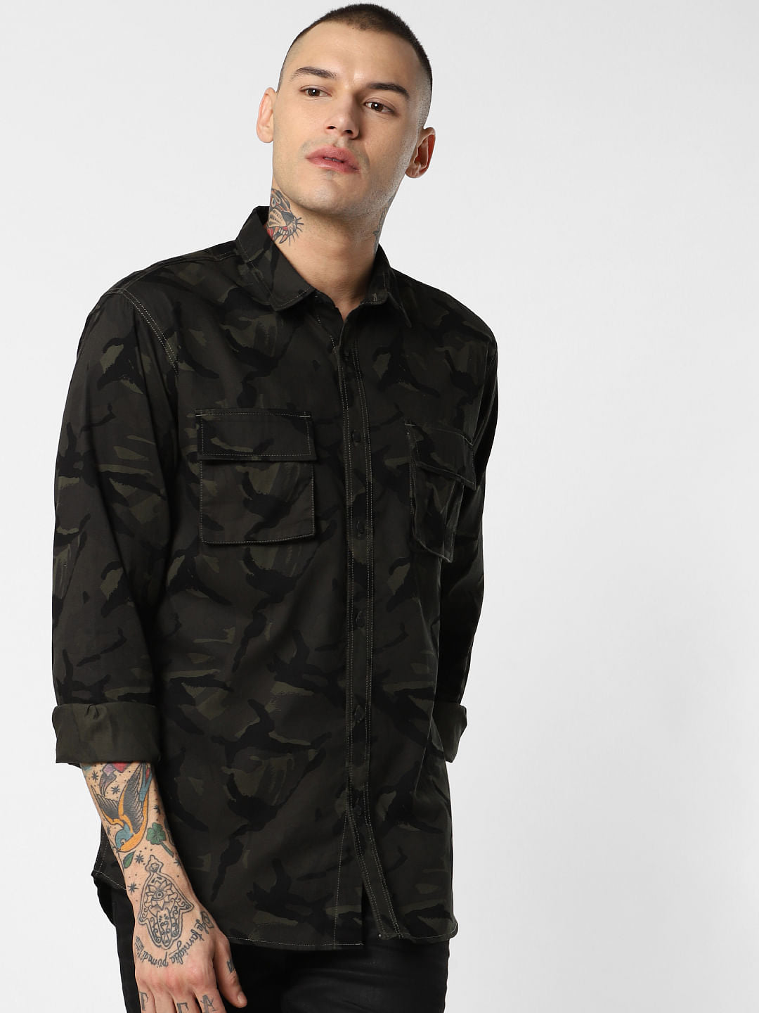 Green Camo Print Full Sleeves Shirt