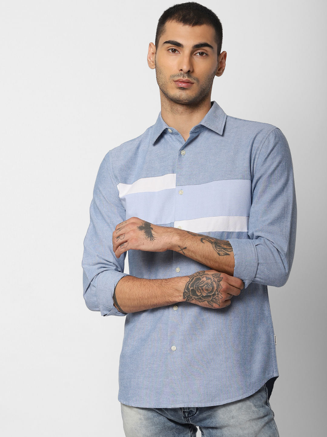 Blue Colourblocked Full Sleeves Shirt
