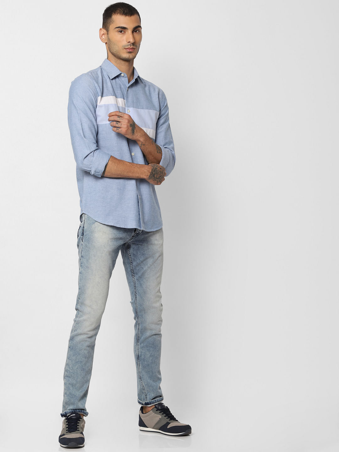 Blue Colourblocked Full Sleeves Shirt