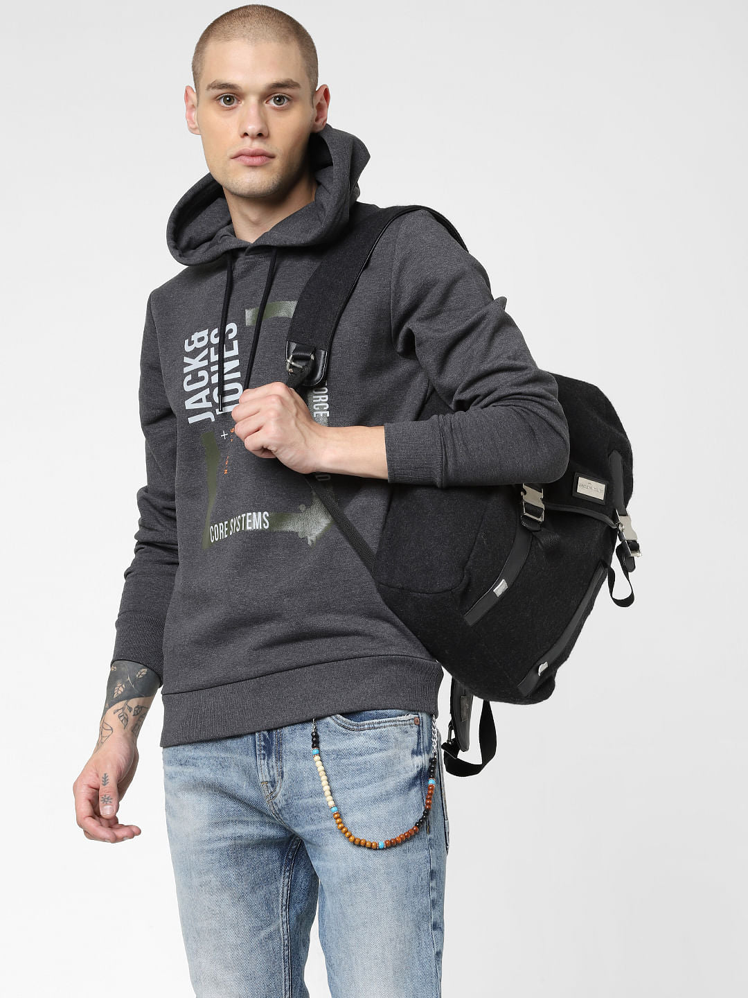 Dark Grey Logo Print Hooded Sweatshirt - S