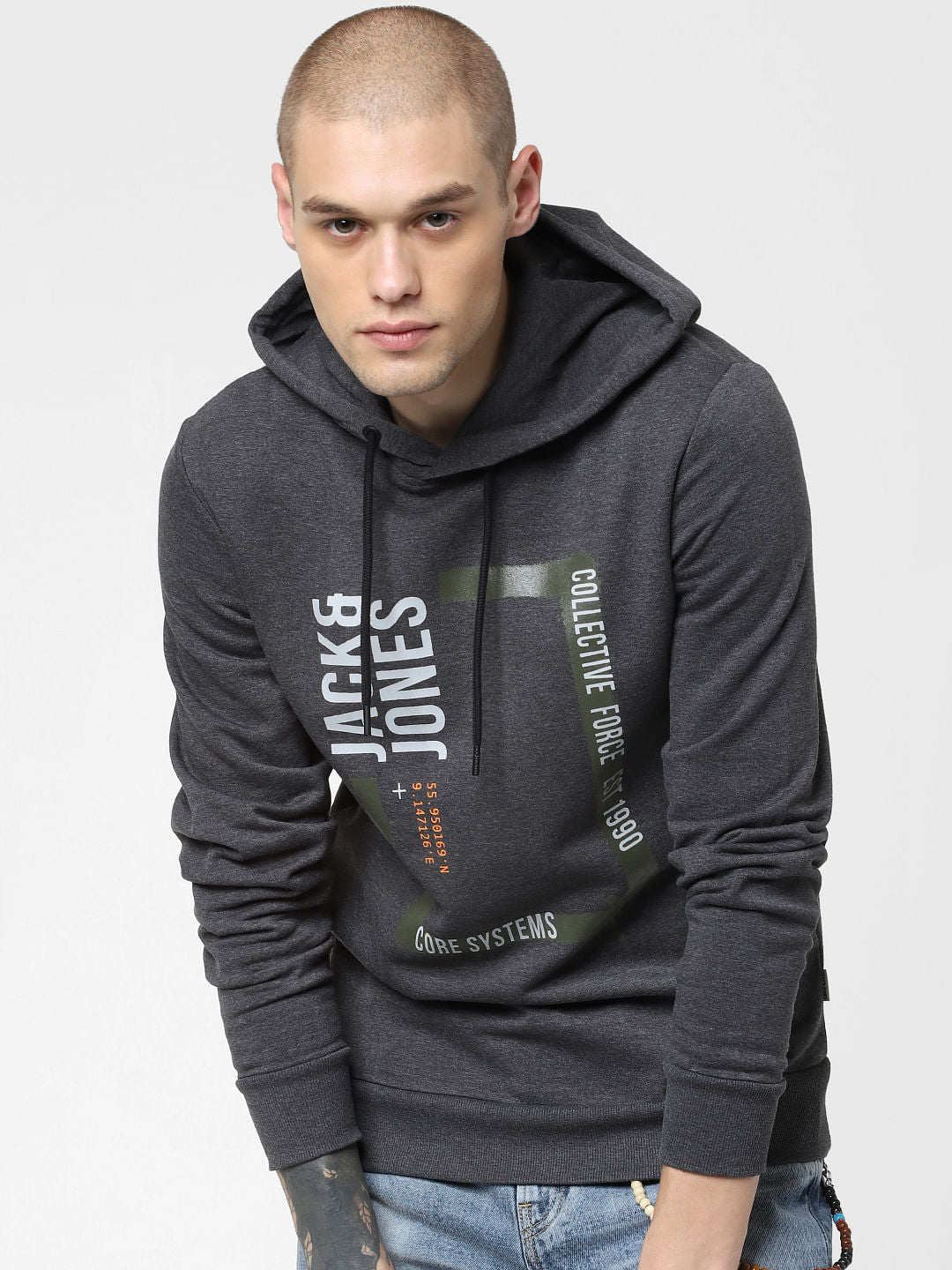 Dark Grey Logo Print Hooded Sweatshirt