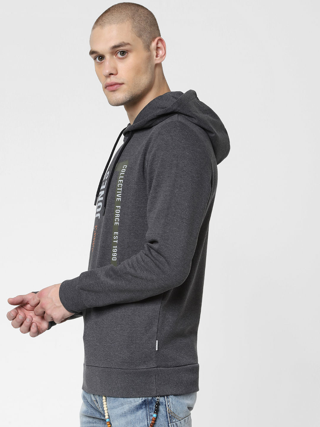 Dark Grey Logo Print Hooded Sweatshirt