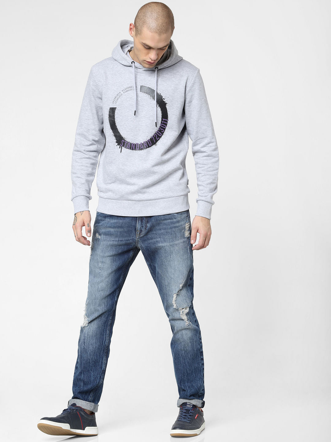 Light Grey Graphic Print Hooded Sweatshirt