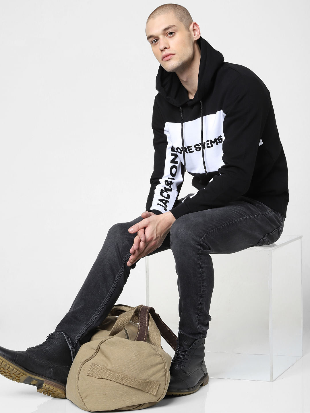 Black Colourblocked Hooded Sweatshirt - S