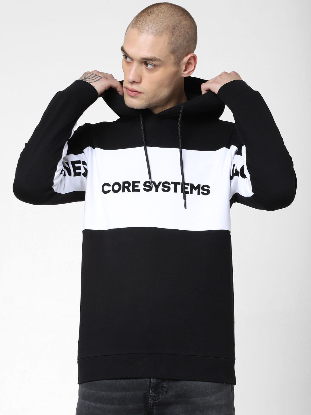 Black Colourblocked Hooded Sweatshirt