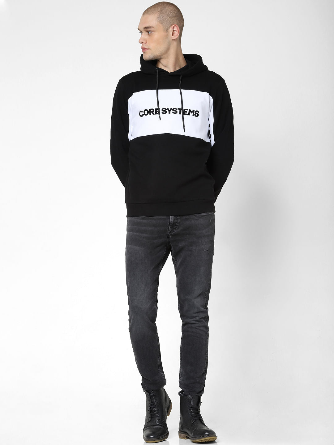 Black Colourblocked Hooded Sweatshirt