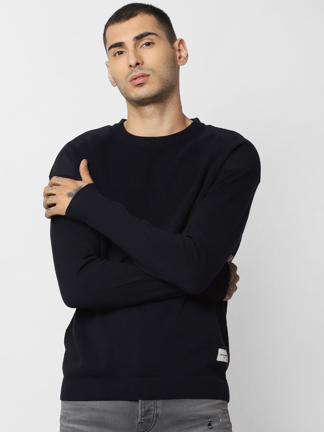 Navy Blue Shoulder Patch Pullover