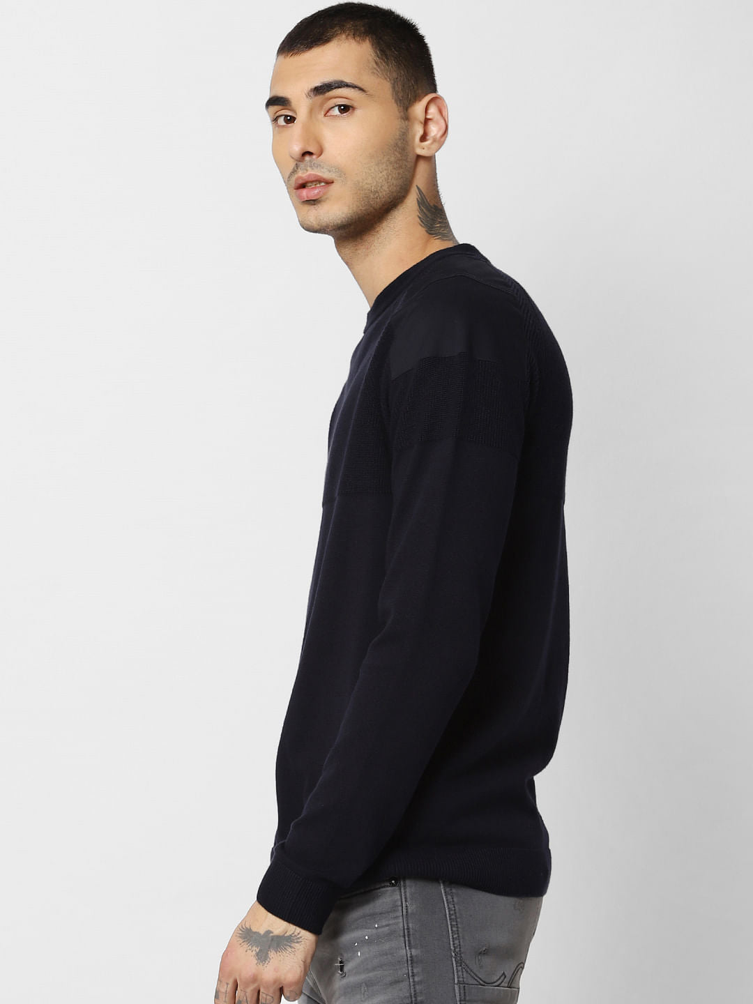 Navy Blue Shoulder Patch Pullover