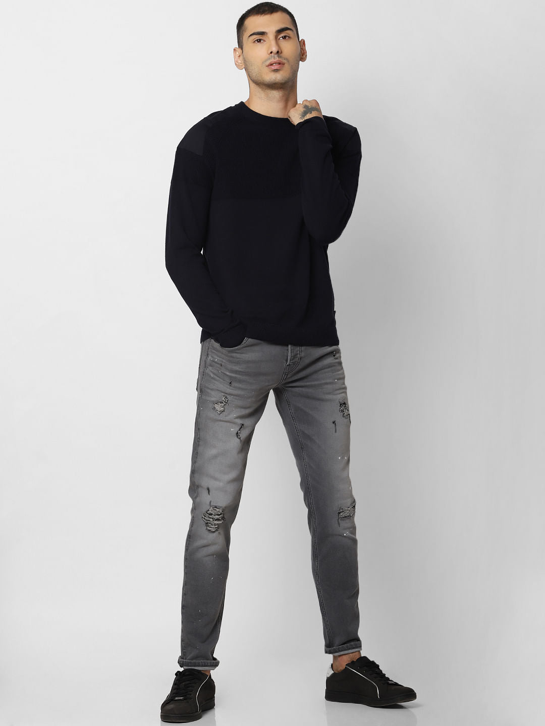 Navy Blue Shoulder Patch Pullover