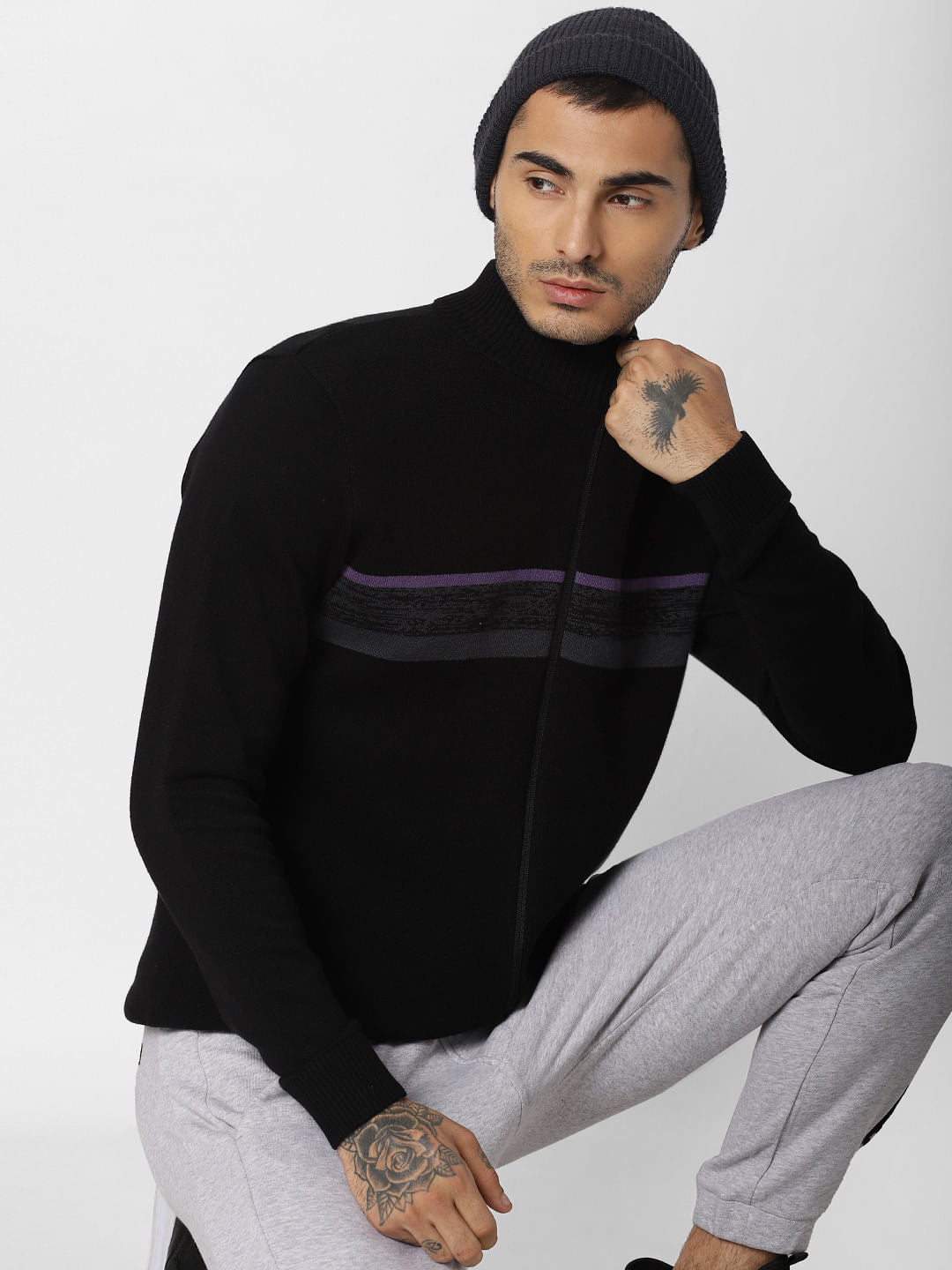 Black High Neck Zipped Cardigan - S