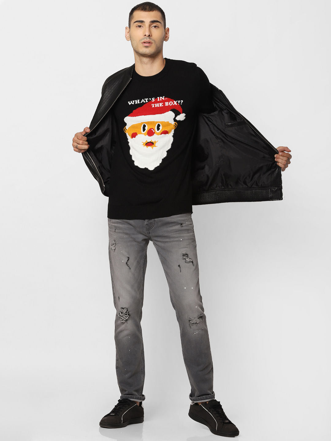 Black Santa Graphic Print Pullover