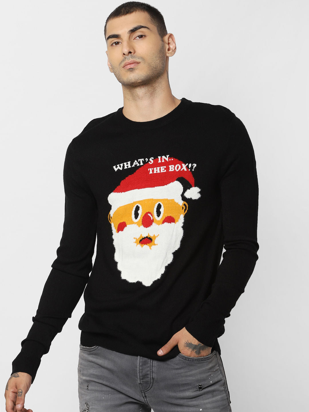 Black Santa Graphic Print Pullover