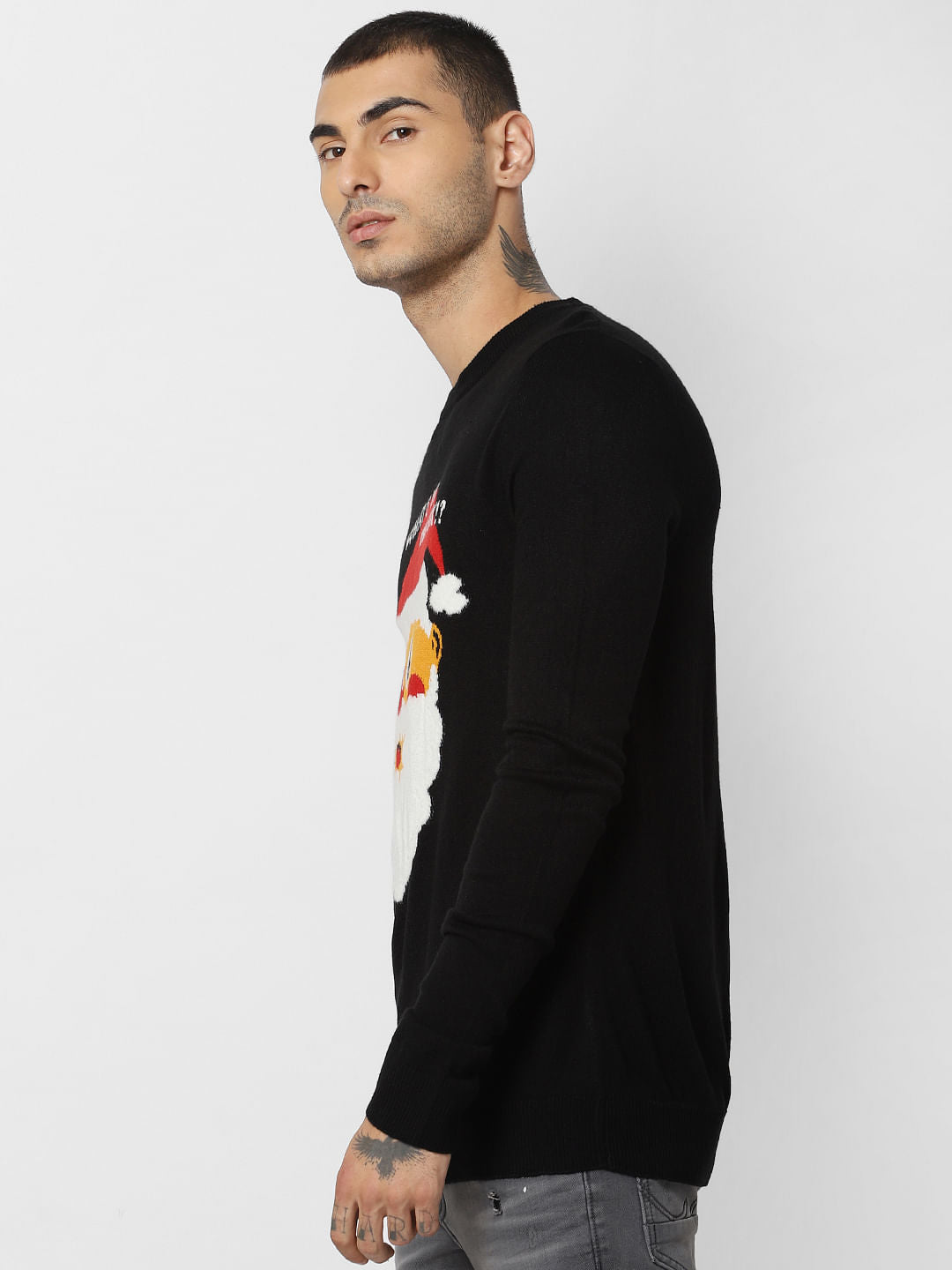 Black Santa Graphic Print Pullover