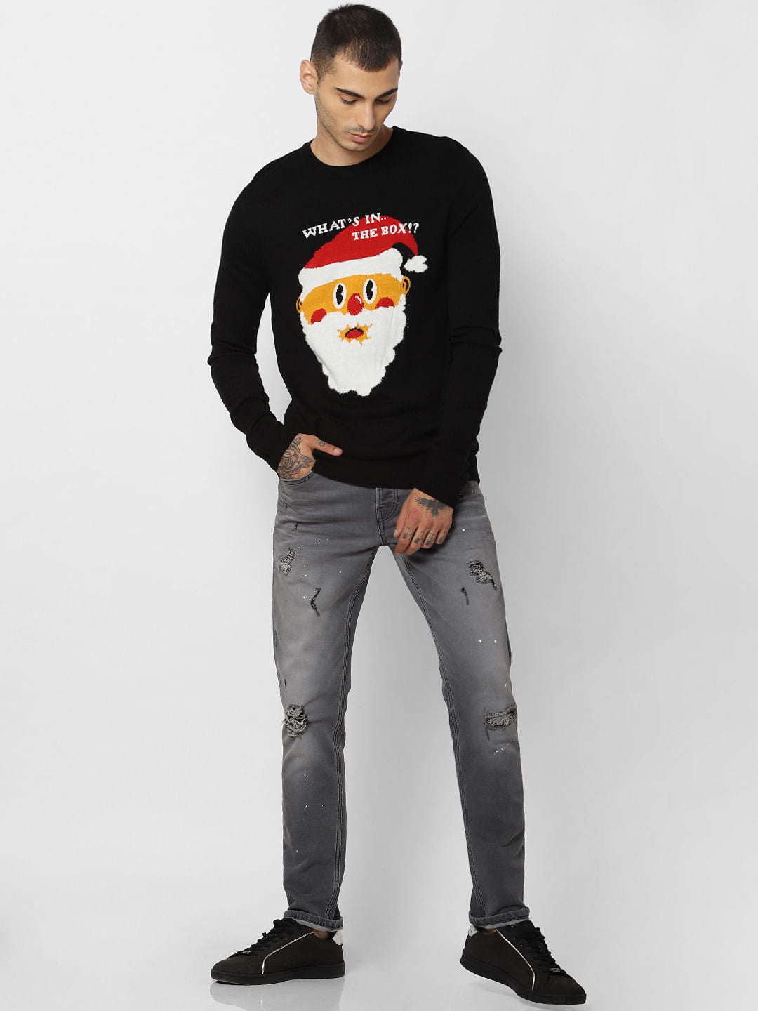 Black Santa Graphic Print Pullover