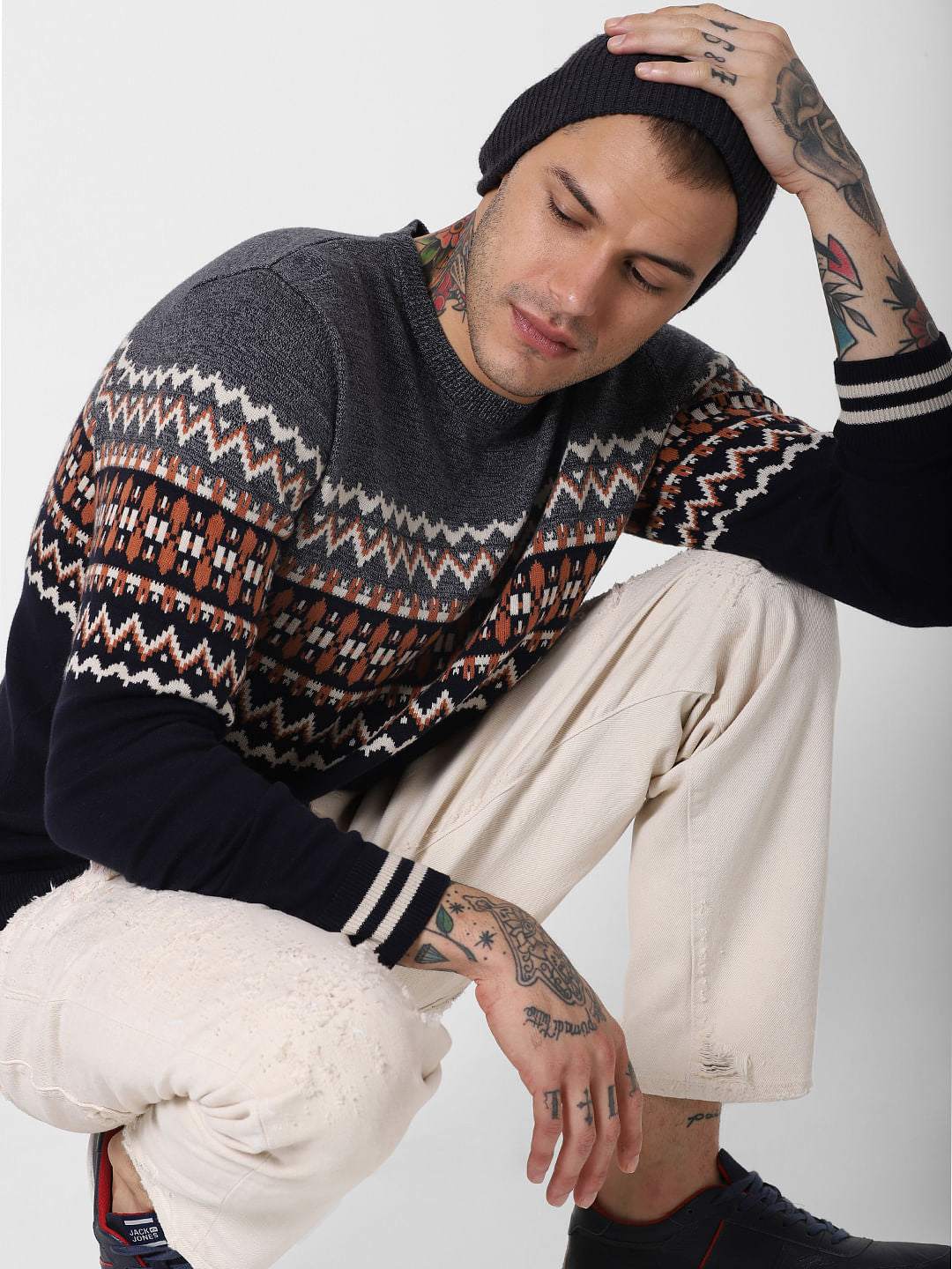 Grey Colourblocked Printed Pullover - S