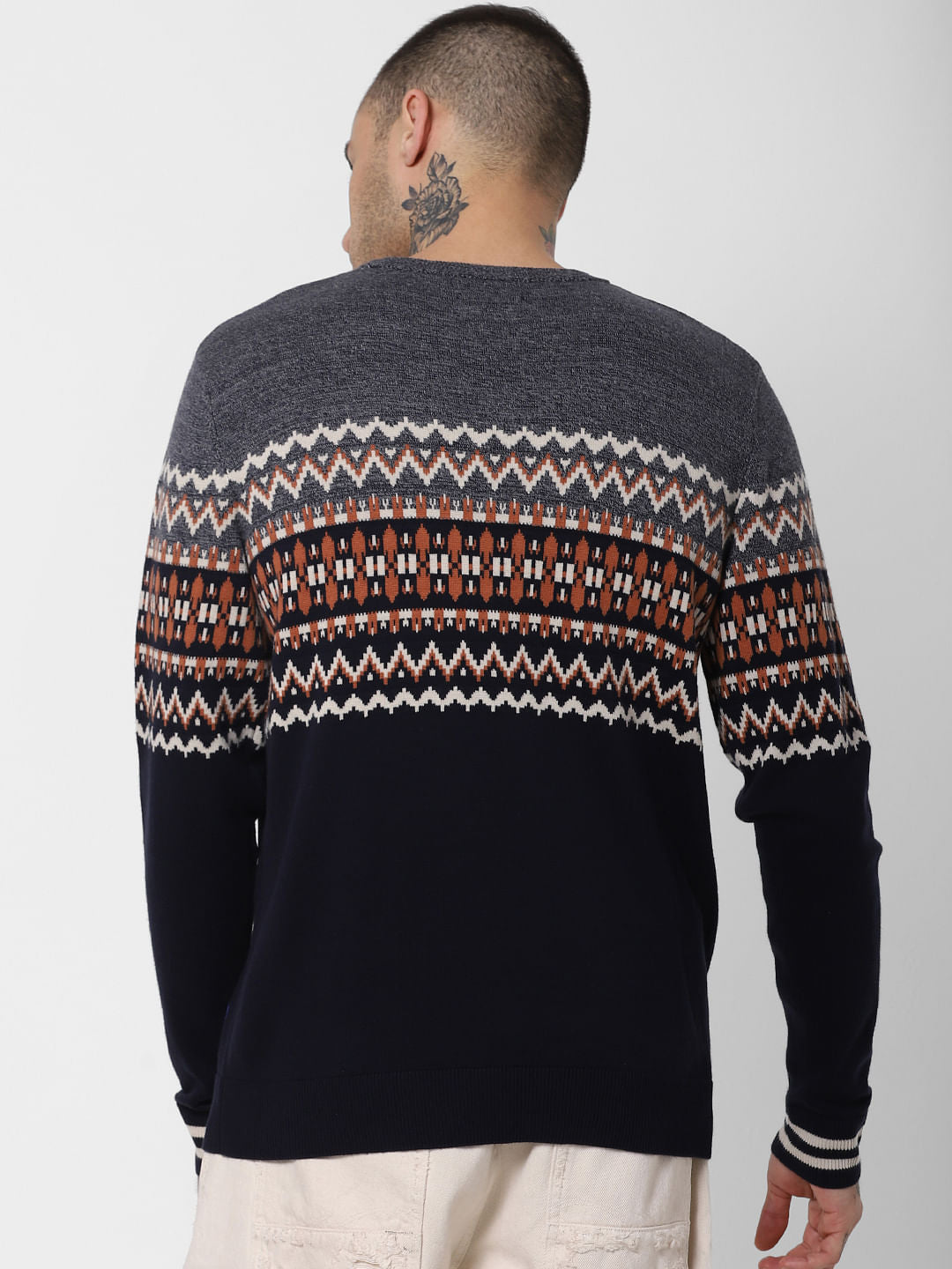Grey Colourblocked Printed Pullover