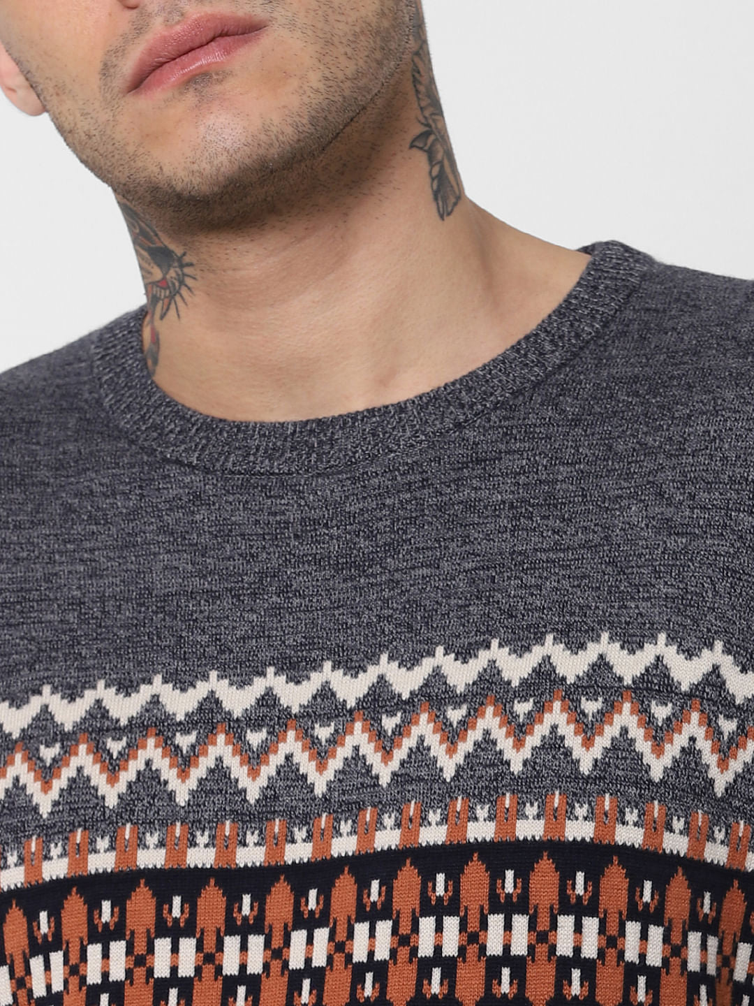 Grey Colourblocked Printed Pullover