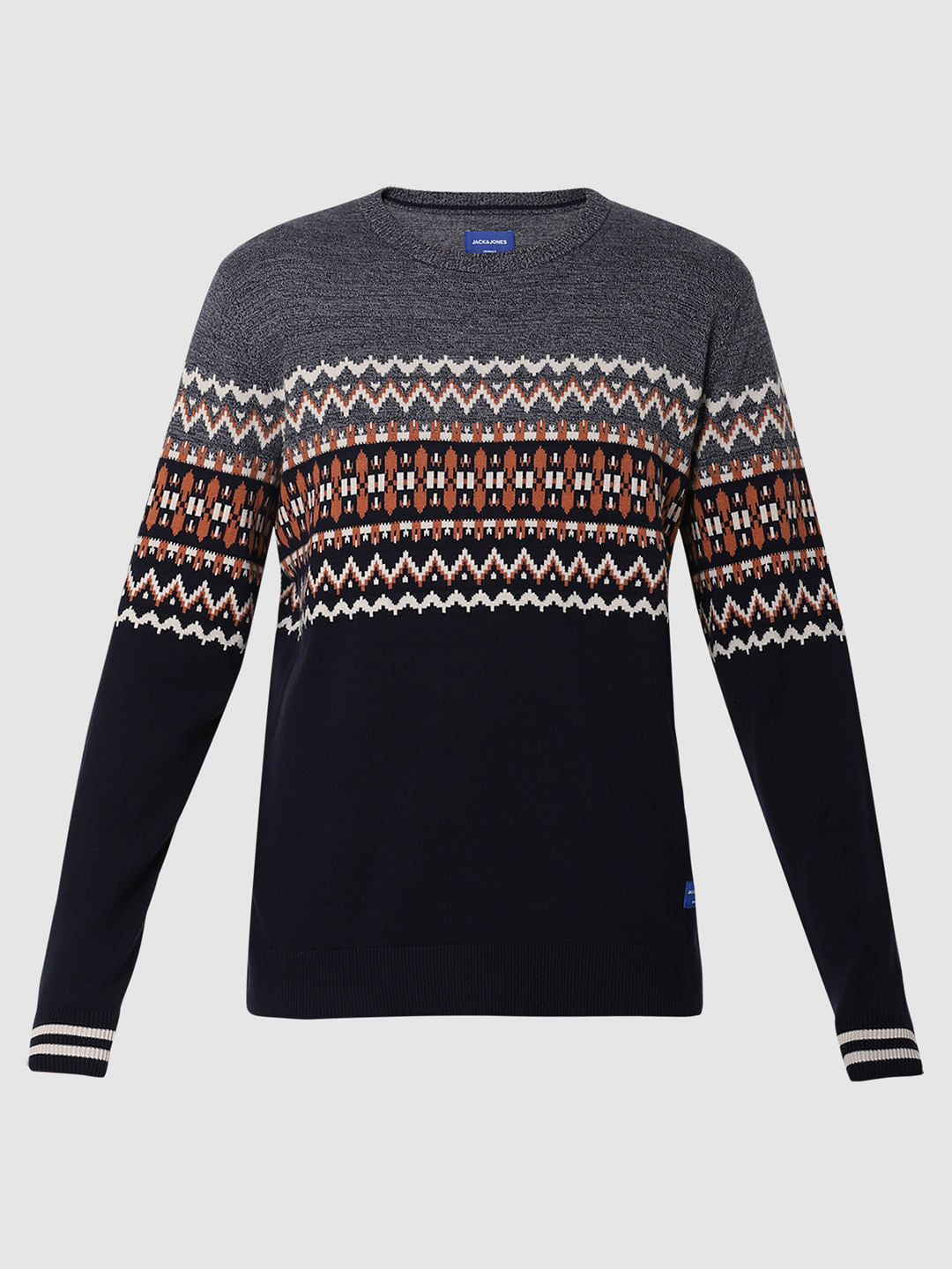 Grey Colourblocked Printed Pullover