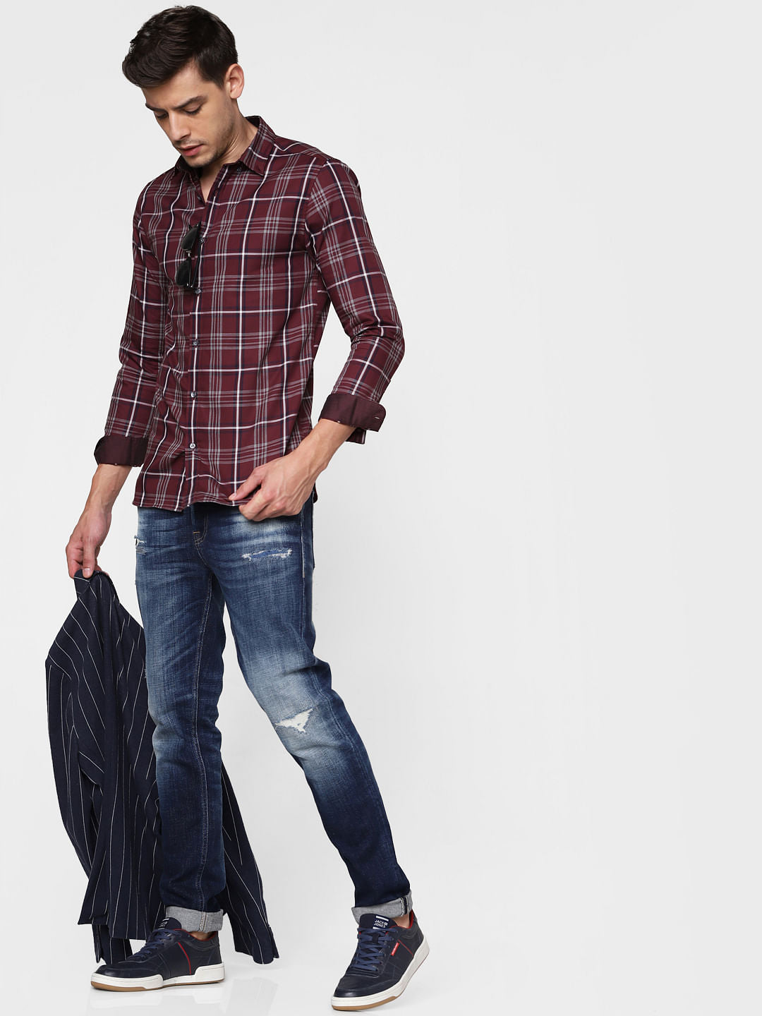 Burgundy Check Full Sleeves Shirt - S